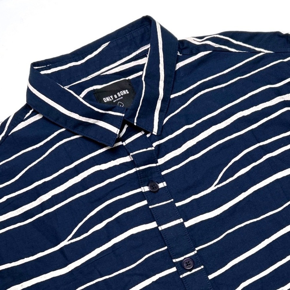 Only & Sons Nathan Wavy Stripe Slim Fit Button Down Shirt Size L Dark Sapphire